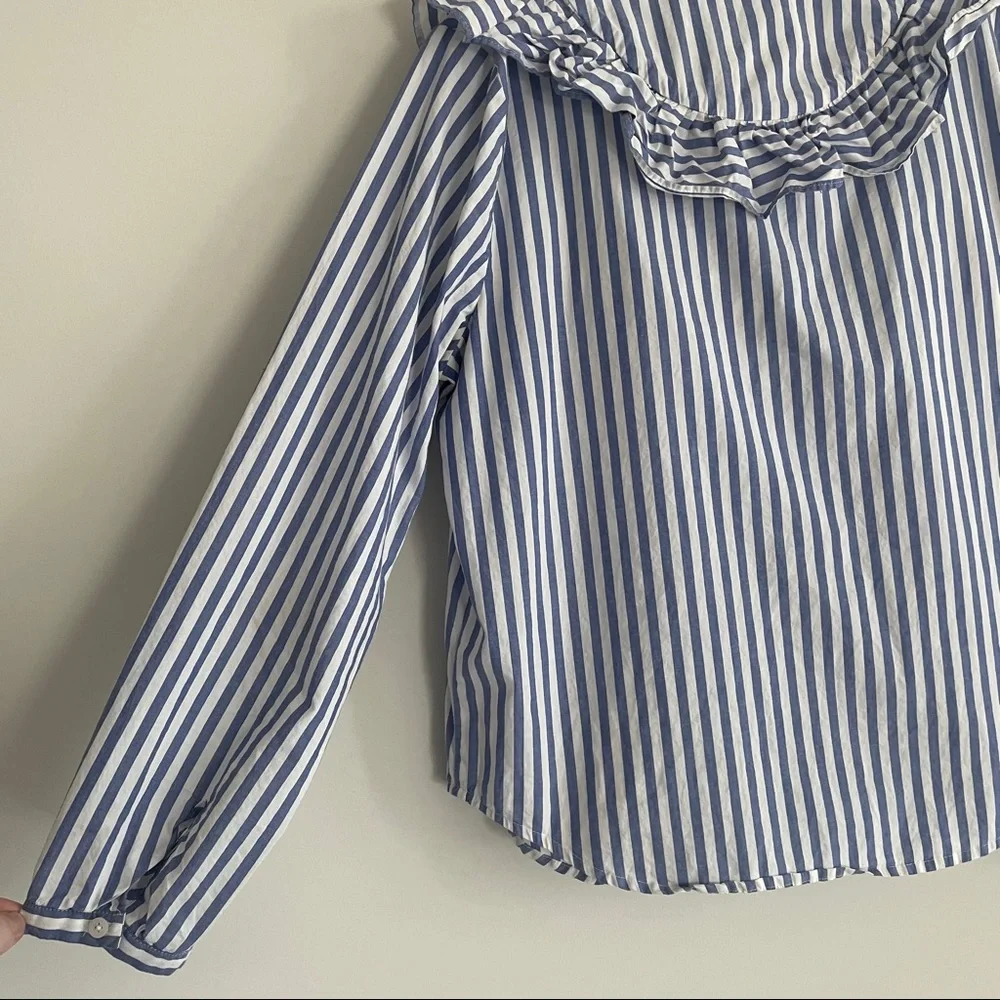 MADEWELL STRIPED RUFFLE FRONT BLOUSE BLUE WHITE - Picture 13 of 13